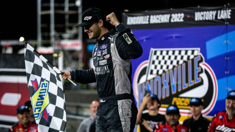 NASCAR Camping World Truck Series driver Todd Gilliland (17) celebrates after winning the Clean Harbors 150 presented by Premier Chevy Dealers, Saturday, June 18, 2022, at Knoxville Raceway in Knoxville, Iowa.

220618 Nascar Trucks Ia 010 Jpg