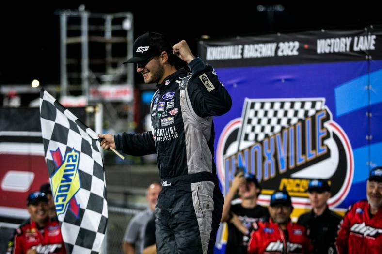NASCAR Camping World Truck Series driver Todd Gilliland (17) celebrates after winning the Clean Harbors 150 presented by Premier Chevy Dealers, Saturday, June 18, 2022, at Knoxville Raceway in Knoxville, Iowa.

220618 Nascar Trucks Ia 010 Jpg
