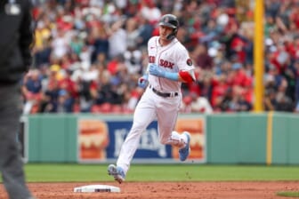 Jun 19, 2022; Boston, Massachusetts, USA; Boston Red Sox second baseman Trevor Story (10) rounds the bases after hitting a home run during the second inning against the St. Louis Cardinals at Fenway Park. Mandatory Credit: Paul Rutherford-USA TODAY Sports