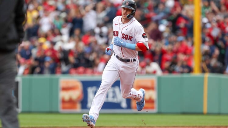 Jun 19, 2022; Boston, Massachusetts, USA; Boston Red Sox second baseman Trevor Story (10) rounds the bases after hitting a home run during the second inning against the St. Louis Cardinals at Fenway Park. Mandatory Credit: Paul Rutherford-USA TODAY Sports