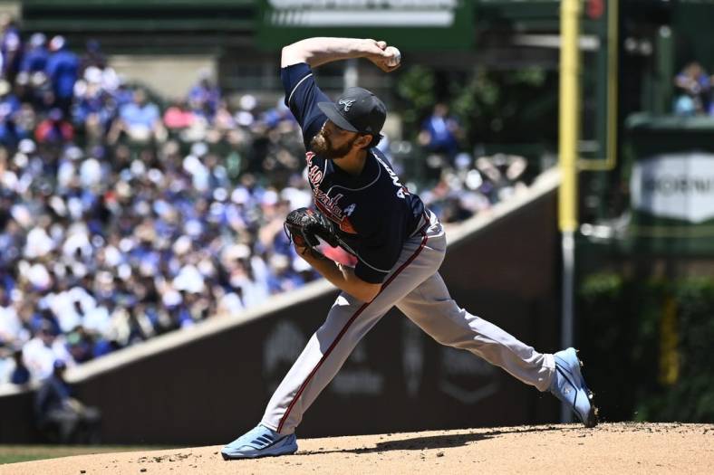 Jun 19, 2022; Chicago, Illinois, USA;  Atlanta Braves starting pitcher Ian Anderson (36) delivers against the Chicago Cubs during the first inning at Wrigley Field. Mandatory Credit: Matt Marton-USA TODAY Sports
