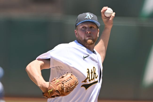 Jun 19, 2022; Oakland, California, USA; Oakland Athletics starting pitcher Jared Koenig (46) throws a pitch against the Kansas City Royals during the first inning at RingCentral Coliseum. Mandatory Credit: Robert Edwards-USA TODAY Sports