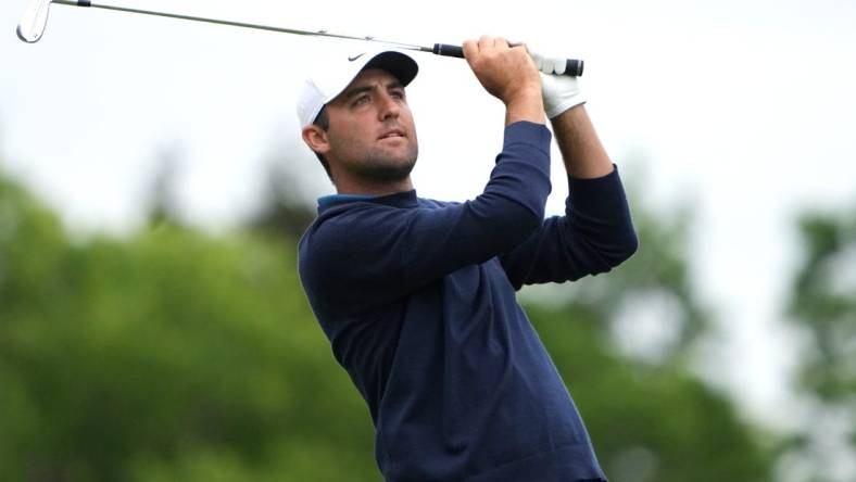 Jun 19, 2022; Brookline, Massachusetts, USA; Scottie Scheffler plays his shot from the sixth tee during the final round of the U.S. Open golf tournament. Mandatory Credit: John David Mercer-USA TODAY Sports