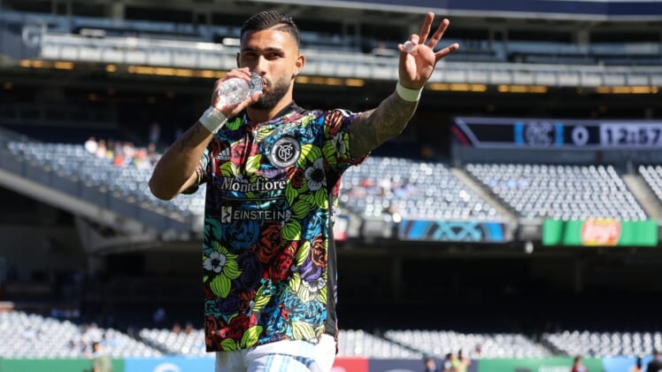 Jun 19, 2022; New York, New York, USA; New York City FC midfielder Valentin Castellanos (11) on the pitch before the game against the Colorado Rapids at Yankee Stadium. Mandatory Credit: Vincent Carchietta-USA TODAY Sports