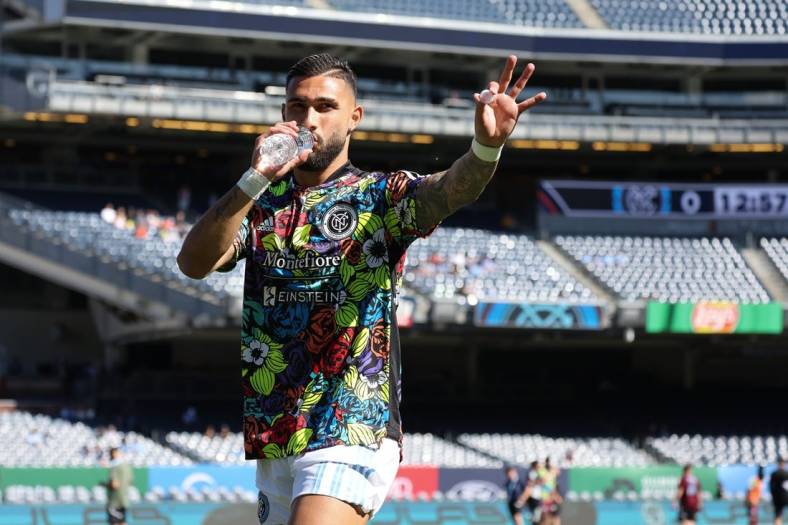 Jun 19, 2022; New York, New York, USA; New York City FC midfielder Valentin Castellanos (11) on the pitch before the game against the Colorado Rapids at Yankee Stadium. Mandatory Credit: Vincent Carchietta-USA TODAY Sports
