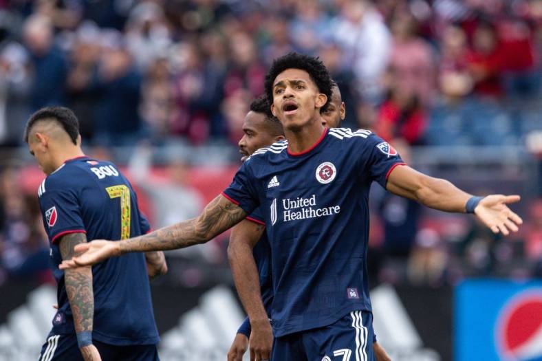 Jun 19, 2022; Foxborough, Massachusetts, USA; New England Revolution forward Dylan Borrero (27) reacts after scoring a goal during the second half against Minnesota United FC at Gillette Stadium. Mandatory Credit: Paul Rutherford-USA TODAY Sports