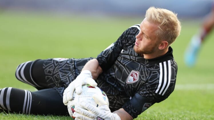 Jun 19, 2022; New York, New York, USA; Colorado Rapids goalkeeper William Yarbrough (22) secures the ball during a save against New York City FC during the second half at Yankee Stadium. Mandatory Credit: Vincent Carchietta-USA TODAY Sports