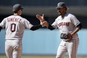 Jun 19, 2022; Los Angeles, California, USA; Cleveland Guardians relief pitcher Emmanuel Clase (48) celebrates with second baseman Andres Gimenez (0) after the game against the Los Angeles Dodgers at Dodger Stadium. Mandatory Credit: Kirby Lee-USA TODAY Sports
