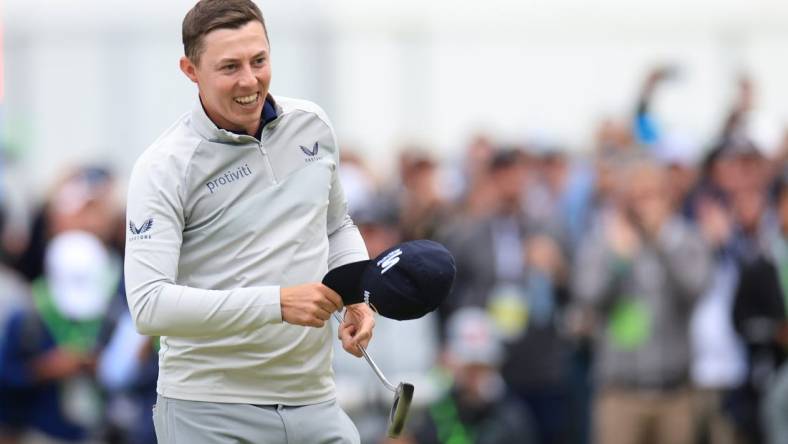 Jun 19, 2022; Brookline, Massachusetts, USA; Matt Fitzpatrick reacts after winning the 2022 U.S. Open golf tournament. Mandatory Credit: Aaron Doster-USA TODAY Sports