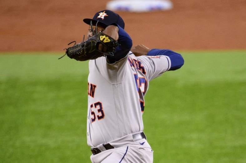 Jun 13, 2022; Arlington, Texas, USA; Houston Astros starting pitcher Cristian Javier (53) in action during the game between the Texas Rangers and the Houston Astros at Globe Life Field. Mandatory Credit: Jerome Miron-USA TODAY Sports