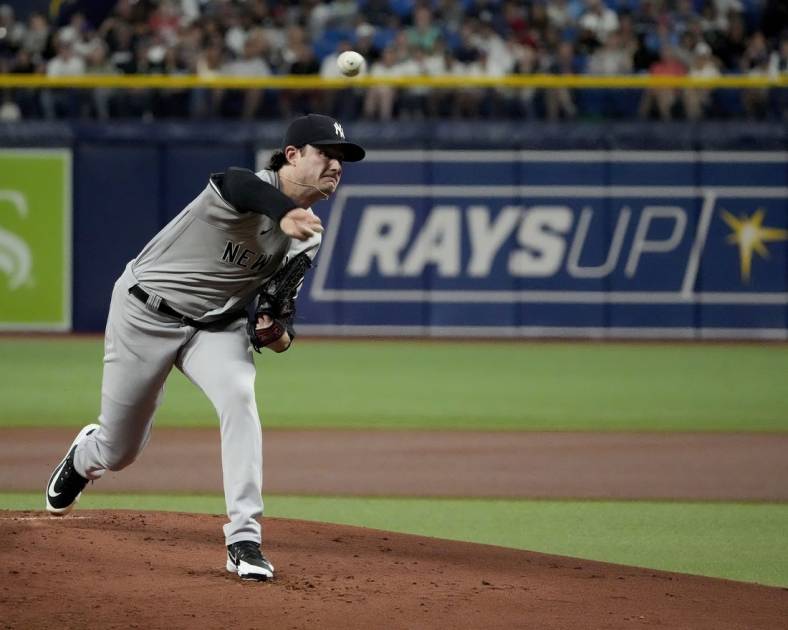 Jun 20, 2022; St. Petersburg, Florida, USA;  New York Yankees starting pitcher Gerrit Cole (45) throws a pitch during the first inning against the Tampa Bay Rays at Tropicana Field. Mandatory Credit: Dave Nelson-USA TODAY Sports