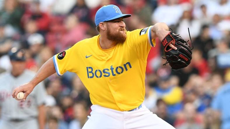 Jun 20, 2022; Boston, Massachusetts, USA; Boston Red Sox starting pitcher Josh Winckowski (73) pitches against the Detroit Tigers during the third inning at Fenway Park. Mandatory Credit: Brian Fluharty-USA TODAY Sports