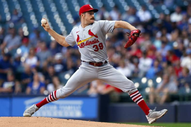 Jun 20, 2022; Milwaukee, Wisconsin, USA;  St. Louis Cardinals pitcher Miles Mikolas (39) throws a pitch during the first inning against the Milwaukee Brewers at American Family Field. Mandatory Credit: Jeff Hanisch-USA TODAY Sports