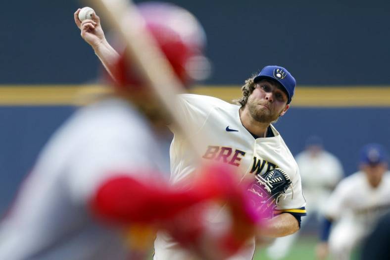 Jun 20, 2022; Milwaukee, Wisconsin, USA;  Milwaukee Brewers pitcher Corbin Burnes (39) throws a pitch during the second inning against the St. Louis Cardinals at American Family Field. Mandatory Credit: Jeff Hanisch-USA TODAY Sports