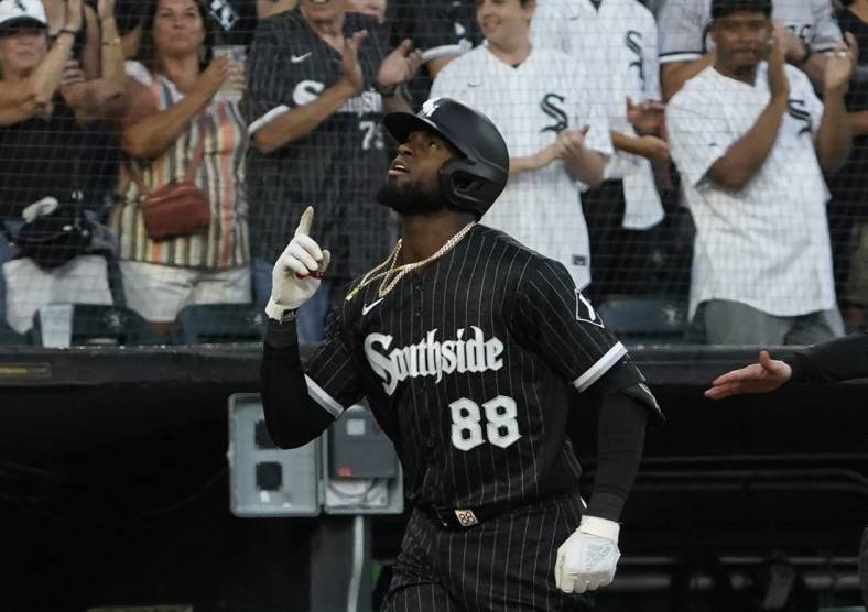Jun 20, 2022; Chicago, Illinois, USA; Chicago White Sox center fielder Luis Robert (88) runs the bases after hitting a two run home run against the Toronto Blue Jays during the third inning at Guaranteed Rate Field. Mandatory Credit: David Banks-USA TODAY Sports