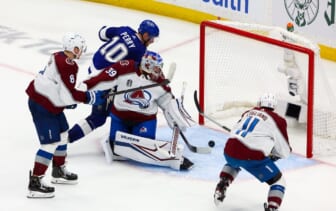 Jun 20, 2022; Tampa, Florida, USA; Tampa Bay Lightning right wing Corey Perry (10) scores against Colorado Avalanche goaltender Pavel Francouz (39) during the second period in game three of the 2022 Stanley Cup Final at Amalie Arena. Mandatory Credit: Mark J. Rebilas-USA TODAY Sports