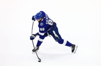 Jun 20, 2022; Tampa, Florida, USA; Tampa Bay Lightning right wing Nikita Kucherov (86) shoots against the Colorado Avalanche during the third period in game three of the 2022 Stanley Cup Final at Amalie Arena. Mandatory Credit: Mark J. Rebilas-USA TODAY Sports