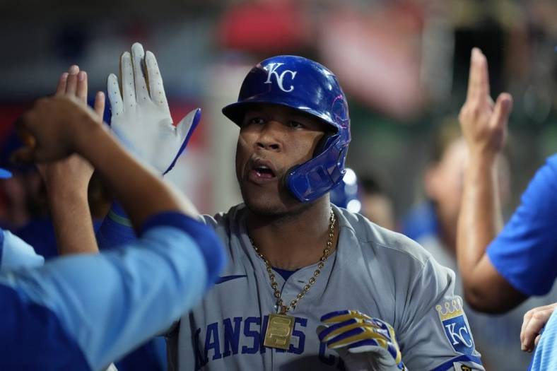 Jun 20, 2022; Anaheim, California, USA; Kansas City Royals catcher Salvador Perez (13) celebrates after hitting a two-run home run in the eighth inning against the Los Angeles Angels at Angel Stadium. Mandatory Credit: Kirby Lee-USA TODAY Sports