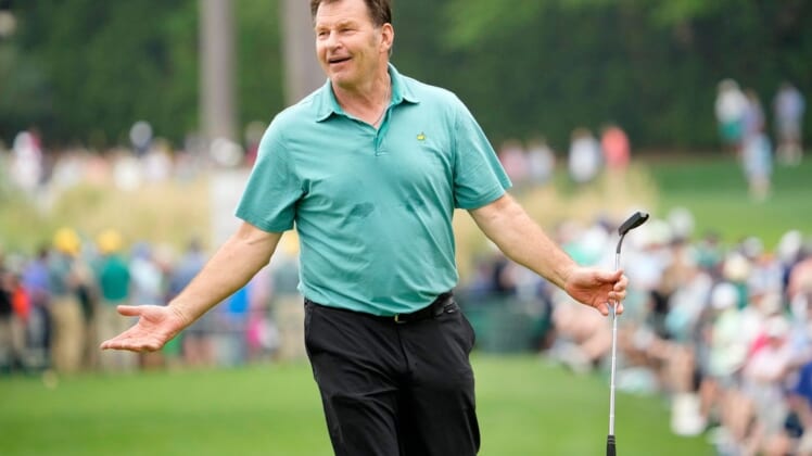 Nick Faldo reacts after just missing a putt on No. 7 during the Par 3 Contest at The Masters in 2022.Usp Golf Masters Tournament Par 3 Contest S Glf Usa Ga