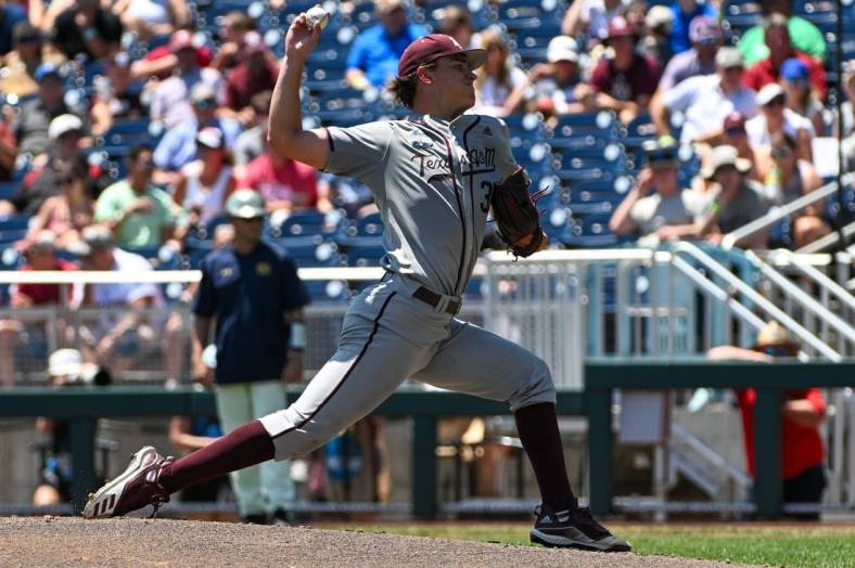 Jun 21, 2022; Omaha, NE, USA;  Texas A&M Aggies pitcher Nathan Dettmer (35) throws against the Notre Dame Fighting Irish in the first inning at Charles Schwab Field. Mandatory Credit: Steven Branscombe-USA TODAY Sports