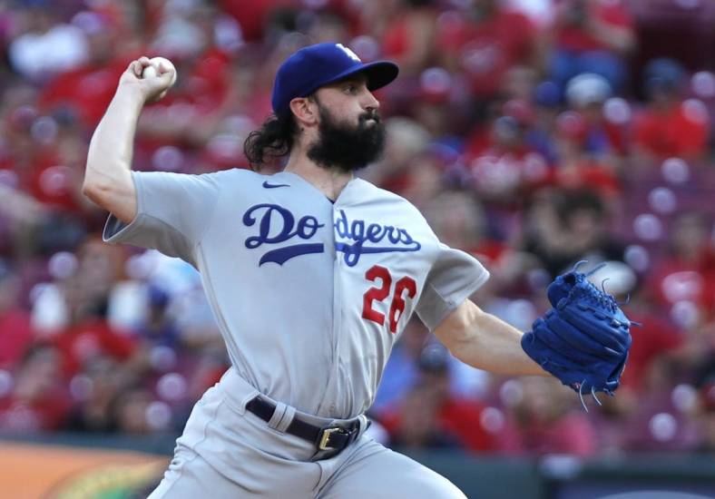Jun 21, 2022; Cincinnati, Ohio, USA; Los Angeles Dodgers starting pitcher Tony Gonsolin (26) throws a pitch against the Cincinnati Reds during the first inning at Great American Ball Park. Mandatory Credit: David Kohl-USA TODAY Sports
