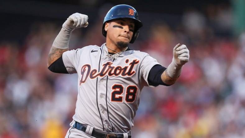 Jun 21, 2022; Boston, Massachusetts, USA; Detroit Tigers shortstop Javier Baez (28) celebrates after hitting a home run during the third inning against the Boston Red Sox at Fenway Park. Mandatory Credit: Paul Rutherford-USA TODAY Sports