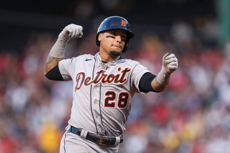 Jun 21, 2022; Boston, Massachusetts, USA; Detroit Tigers shortstop Javier Baez (28) celebrates after hitting a home run during the third inning against the Boston Red Sox at Fenway Park. Mandatory Credit: Paul Rutherford-USA TODAY Sports