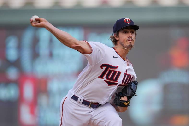 Jun 21, 2022; Minneapolis, Minnesota, USA; Minnesota Twins starting pitcher Joe Ryan (41) pitches against the Cleveland Guardians in the first inning at Target Field. Mandatory Credit: Brad Rempel-USA TODAY Sports