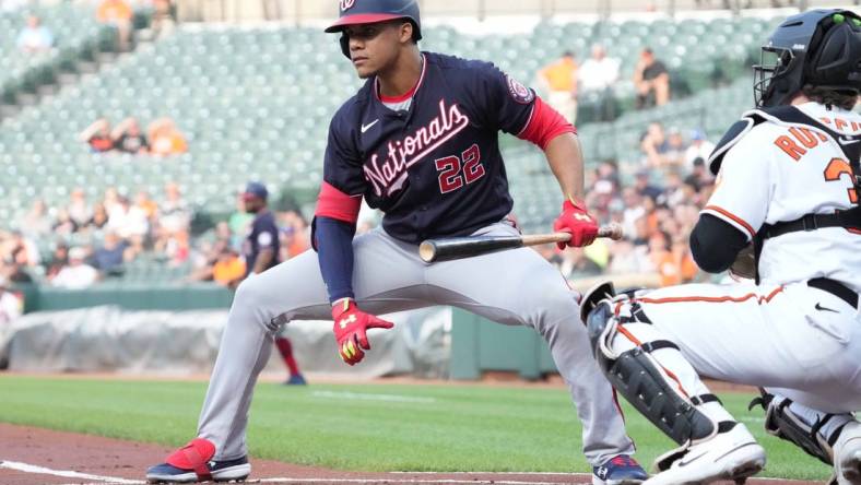 Jun 21, 2022; Baltimore, Maryland, USA; Washington Nationals outfielder Juan Soto (22) takes pitch in the first inning against the Baltimore Orioles at Oriole Park at Camden Yards. Mandatory Credit: Mitch Stringer-USA TODAY Sports