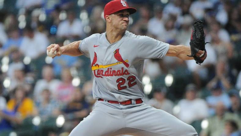 Jun 21, 2022; Milwaukee, Wisconsin, USA;  St. Louis Cardinals starting pitcher Jack Flaherty (22) delivers a pitch in the second inning against the Milwaukee Brewers at American Family Field. Mandatory Credit: Michael McLoone-USA TODAY Sports