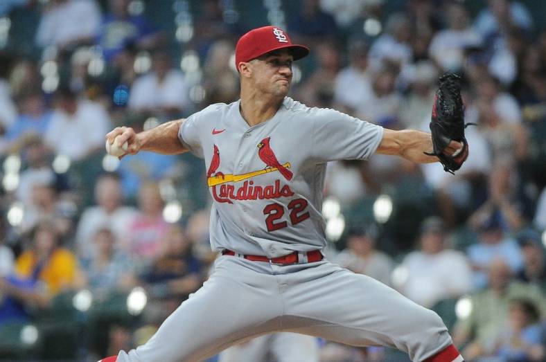 Jun 21, 2022; Milwaukee, Wisconsin, USA;  St. Louis Cardinals starting pitcher Jack Flaherty (22) delivers a pitch in the second inning against the Milwaukee Brewers at American Family Field. Mandatory Credit: Michael McLoone-USA TODAY Sports