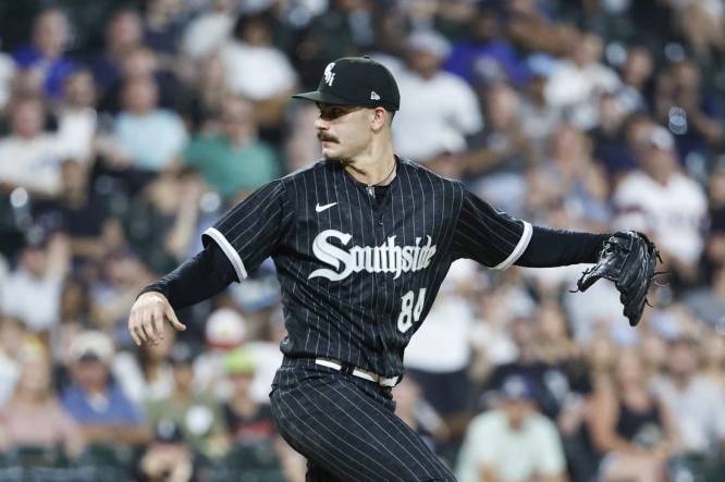 Starting pitcher Dylan Cease of the Chicago White Sox reacts after