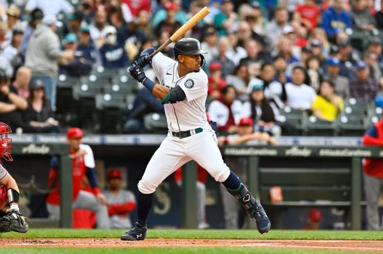 Jun 16, 2022; Seattle, Washington, USA; Seattle Mariners center fielder Julio Rodriguez (44) waits for the pitch during the game against the Los Angeles Angels at T-Mobile Park. Los Angeles defeated Seattle 4-1. Mandatory Credit: Steven Bisig-USA TODAY Sports