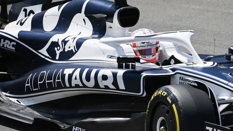 Jun 17, 2022; Montreal, Quebec, CAN; Alpha Tauri driver Pierre Gasly of France races in the hairpin turn during the first free practice session at Circuit Gilles Villeneuve. Mandatory Credit: David Kirouac-USA TODAY Sports