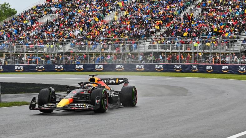 Jun 18, 2022; Montreal, Quebec, CAN; Red Bull Racing driver Max Verstappen of The Netherlands exits the senna turns during the qualifying session at Circuit Gilles Villeneuve. Mandatory Credit: David Kirouac-USA TODAY Sports