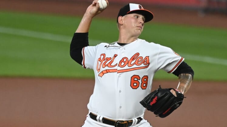 Jun 22, 2022; Baltimore, Maryland, USA;  Baltimore Orioles starting pitcher Tyler Wells (68) throws a first inning pitch against the Washington Nationals at Oriole Park at Camden Yards. Mandatory Credit: Tommy Gilligan-USA TODAY Sports