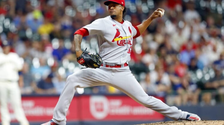 Jun 22, 2022; Milwaukee, Wisconsin, USA;  St. Louis Cardinals pitcher Genesis Cabrera (92) throws a pitch during the ninth inning against the Milwaukee Brewers at American Family Field. Mandatory Credit: Jeff Hanisch-USA TODAY Sports