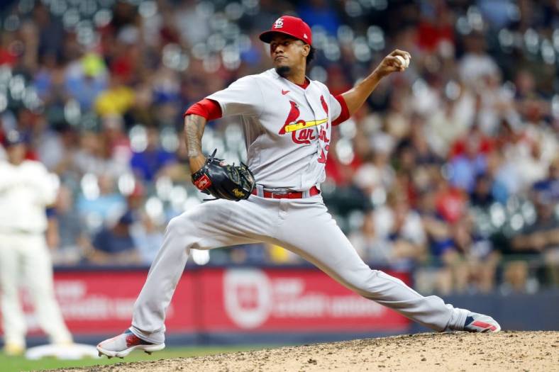 Jun 22, 2022; Milwaukee, Wisconsin, USA;  St. Louis Cardinals pitcher Genesis Cabrera (92) throws a pitch during the ninth inning against the Milwaukee Brewers at American Family Field. Mandatory Credit: Jeff Hanisch-USA TODAY Sports