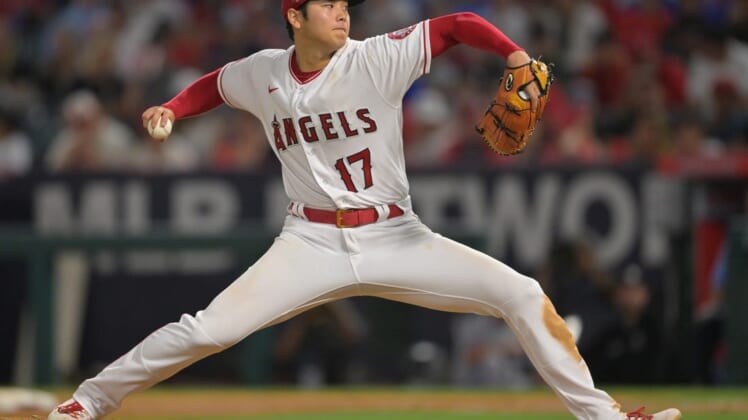 Jun 22, 2022; Anaheim, California, USA;  Los Angeles Angels starting pitcher Shohei Ohtani (17) in the eighth inning of the game against the Kansas City Royals at Angel Stadium. Mandatory Credit: Jayne Kamin-Oncea-USA TODAY Sports
