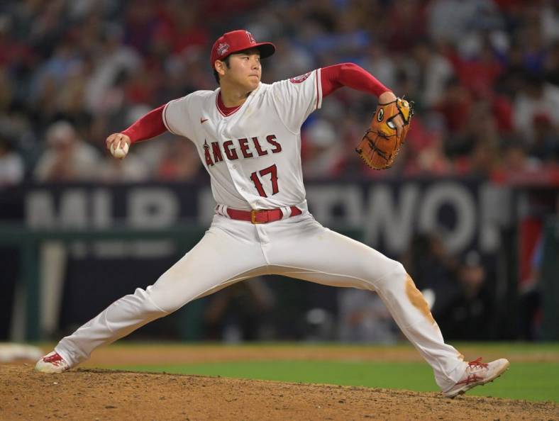 Jun 22, 2022; Anaheim, California, USA;  Los Angeles Angels starting pitcher Shohei Ohtani (17) in the eighth inning of the game against the Kansas City Royals at Angel Stadium. Mandatory Credit: Jayne Kamin-Oncea-USA TODAY Sports