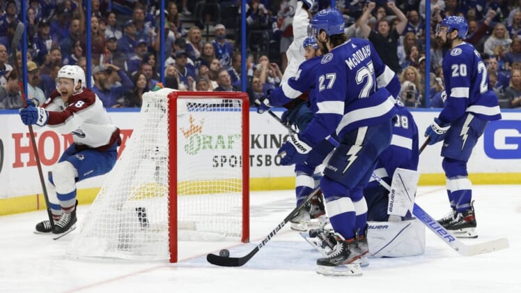 Jun 22, 2022; Tampa, Florida, USA; Colorado Avalanche center Nico Sturm (78) celebrates after a goal by Avalanche center Andrew Cogliano (11) on Tampa Bay Lightning goaltender Andrei Vasilevskiy (88) in the third period in game four of the 2022 Stanley Cup Final at Amalie Arena. Mandatory Credit: Geoff Burke-USA TODAY Sports