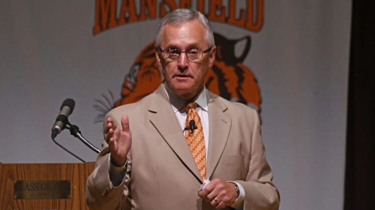 Former Ohio State Football coach and current Youngstown State President Jim Tressel speaks to the Mansfield City Schools employees Tuesday morning.Jim
