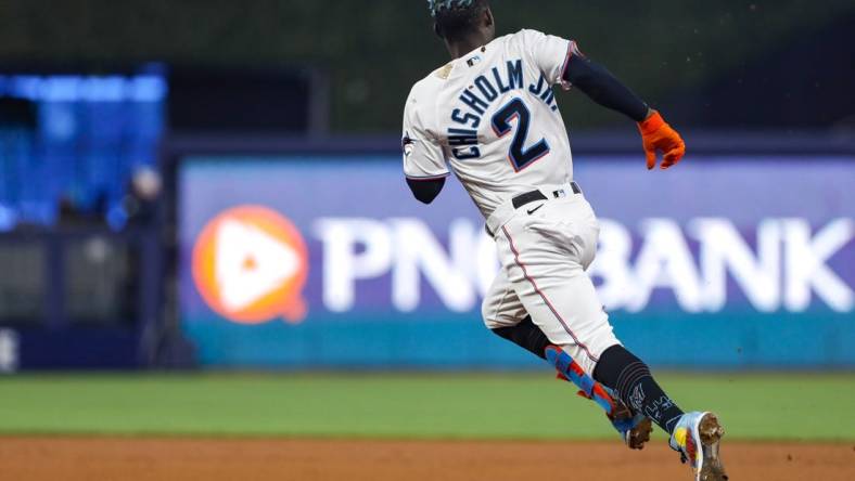 Jun 23, 2022; Miami, Florida, USA; Miami Marlins second baseman Jazz Chisholm Jr. (2) runs after hitting a double during the first inning against the Colorado Rockies at loanDepot Park. Mandatory Credit: Sam Navarro-USA TODAY Sports