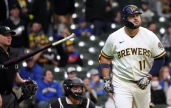 Milwaukee Brewers first baseman Rowdy Tellez (11) watches his home run during the second inning of their game against the Pittsburgh Pirates Tuesday, April 19, 2022 at American Family Field in Milwaukee, Wis.
MARK HOFFMAN/MILWAUKEE JOURNAL SENTINELMjs Brewers20 1 Jpg Brewers20