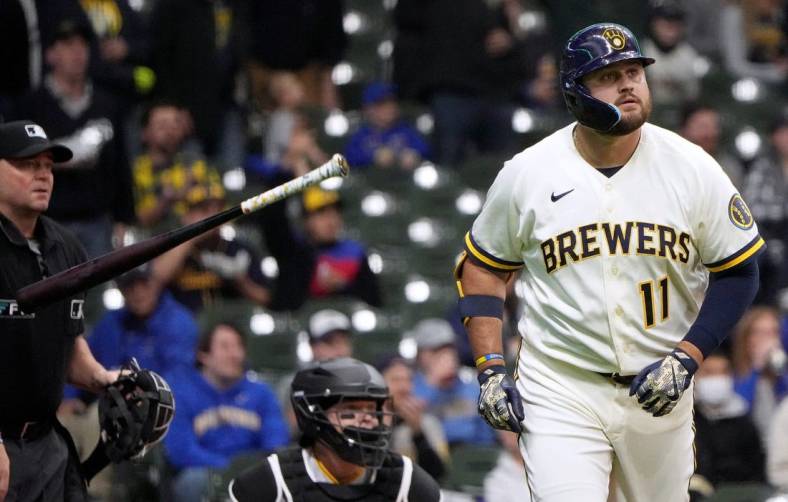 Milwaukee Brewers first baseman Rowdy Tellez (11) watches his home run during the second inning of their game against the Pittsburgh Pirates Tuesday, April 19, 2022 at American Family Field in Milwaukee, Wis.
MARK HOFFMAN/MILWAUKEE JOURNAL SENTINEL

Mjs Brewers20 1 Jpg Brewers20