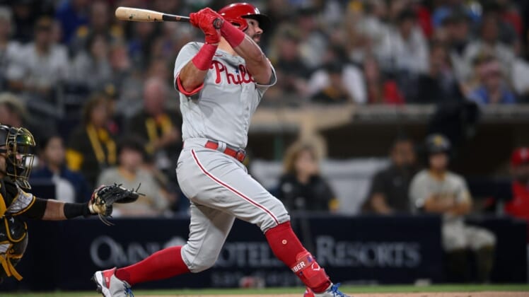 Jun 23, 2022; San Diego, California, USA; Philadelphia Phillies left fielder Kyle Schwarber (12) hits a two-run home run during the sixth inning against the San Diego Padres at Petco Park. Mandatory Credit: Orlando Ramirez-USA TODAY Sports