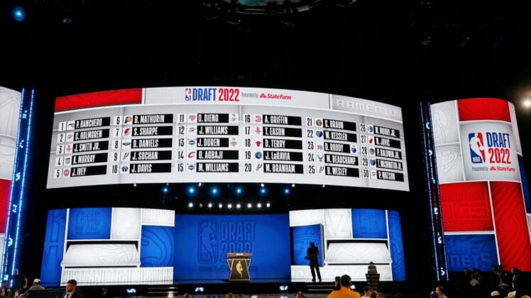 Jun 23, 2022; Brooklyn, NY, USA; A general view after the first round of the 2022 NBA Draft at Barclays Center. Mandatory Credit: Brad Penner-USA TODAY Sports
