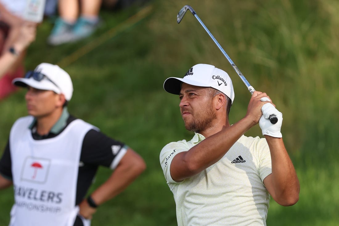 Jun 24, 2022; Cromwell, Connecticut, USA; Xander Schauffele plays a shot from the 17th tee during the second round of the Travelers Championship golf tournament. Mandatory Credit: Vincent Carchietta-USA TODAY Sports