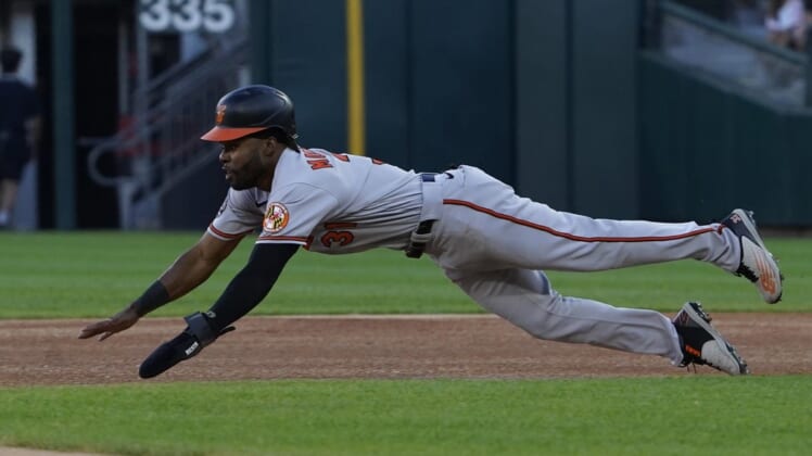 Jun 24, 2022; Chicago, Illinois, USA; Baltimore Orioles center fielder Cedric Mullins (31) steals second base against the Chicago White Sox during the first inning at Guaranteed Rate Field. Mandatory Credit: David Banks-USA TODAY Sports