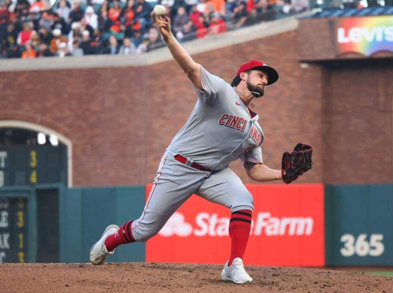 Jun 24, 2022; San Francisco, California, USA; Cincinnati Reds starting pitcher Graham Ashcraft (51) pitches the ball against the San Francisco Giants during the second inning at Oracle Park. Mandatory Credit: Kelley L Cox-USA TODAY Sports